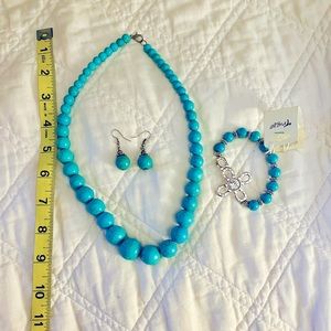 Freshened Blue Howlite Beaded Necklace and Earrings and Bracelet in Silvertone.
